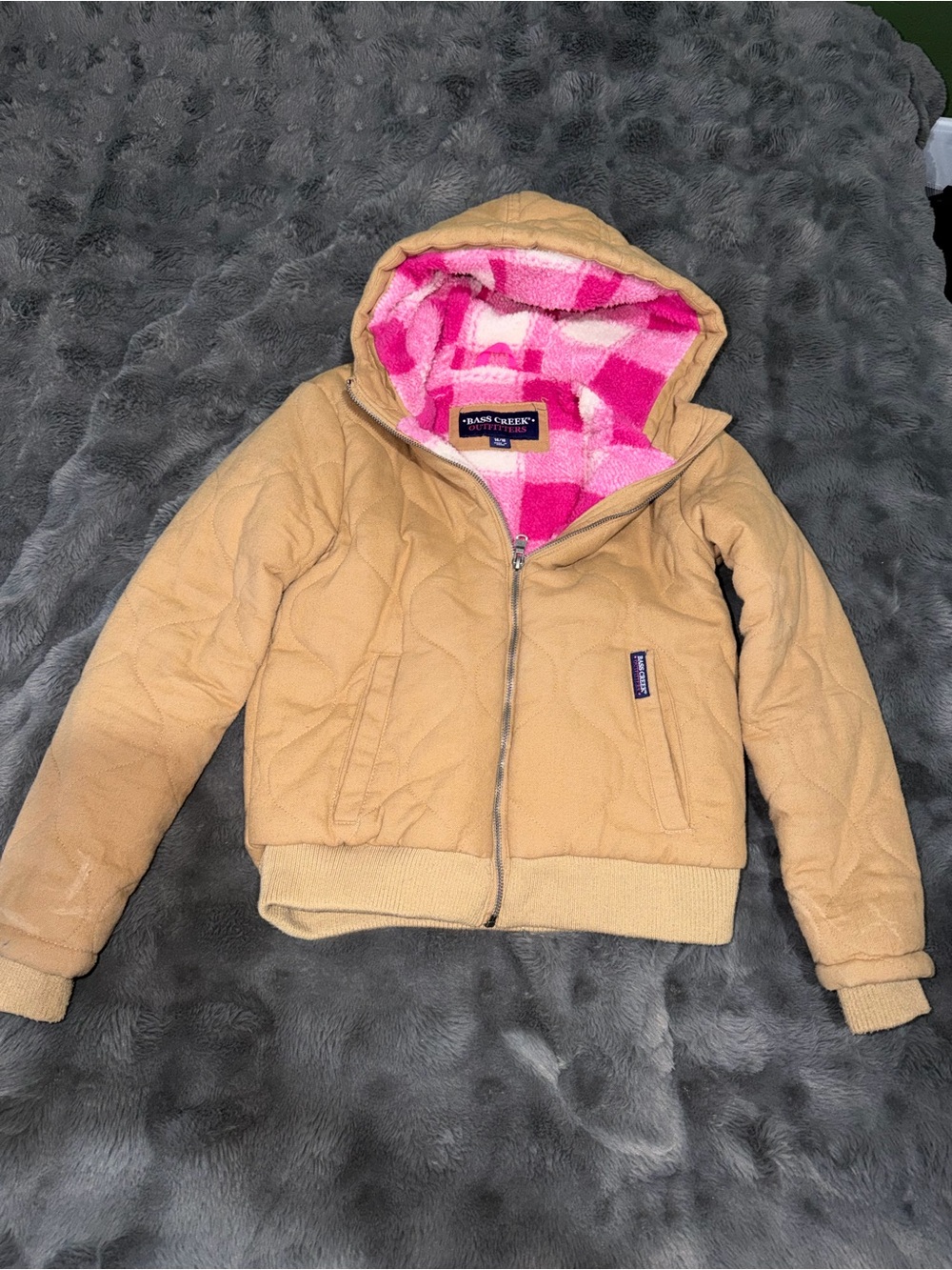 Girls' Tan Hooded Puffer Jacket with Pink Lined Hood -